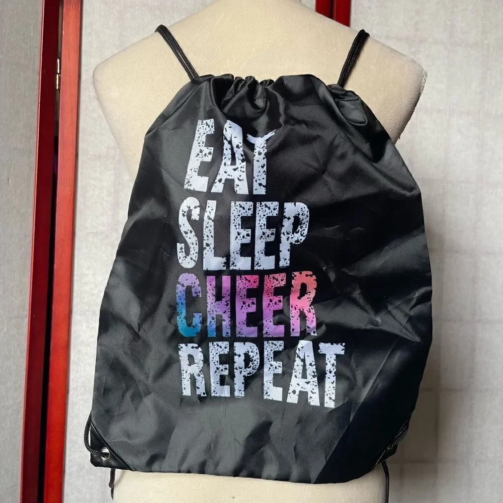 Nylon Lightweight Black Backpack (Never Used) w/“Eat, Sleep, Cheer, Repeat